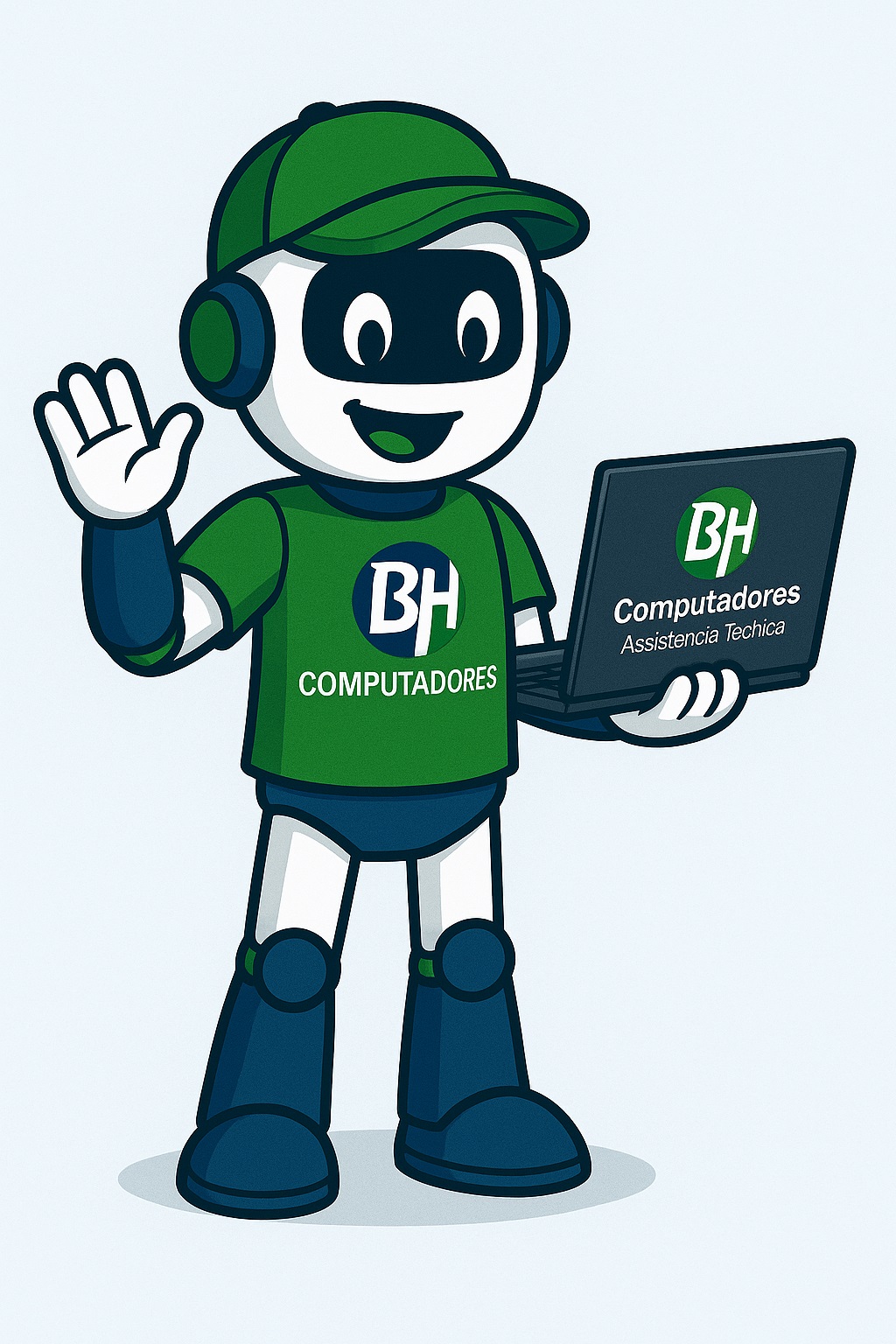 Mascote da BH Computadores: robô com uniforme verde segurando um notebook