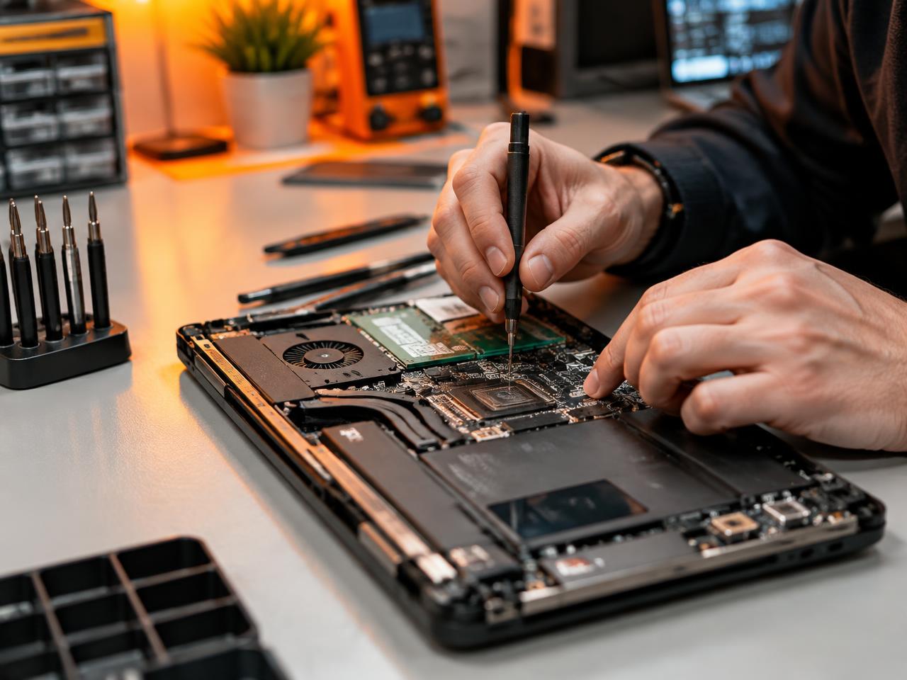 Técnico da BH Computadores consertando placa-mãe de notebook no laboratório